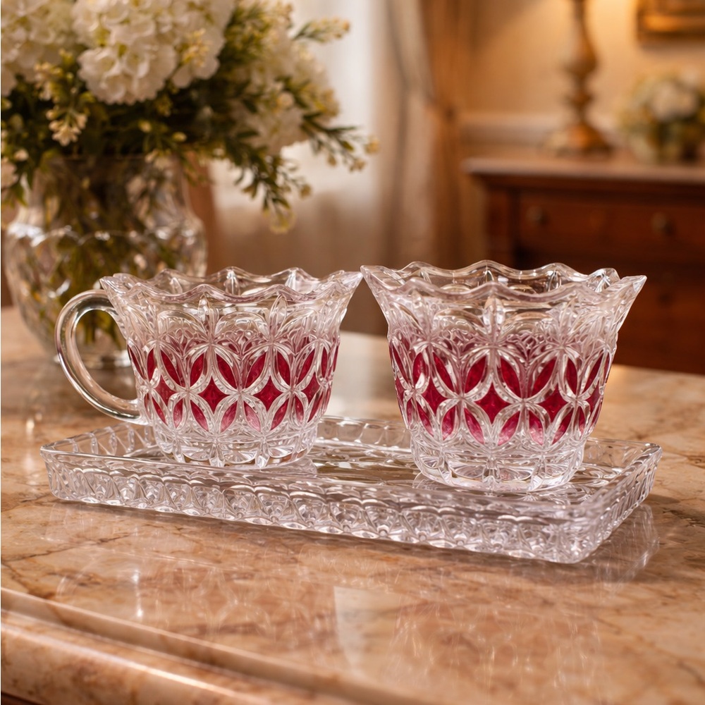 Vintage Hofbauer Byrdes Flashed Crystal Creamer Sugar Bowl w Tray Ruby Red